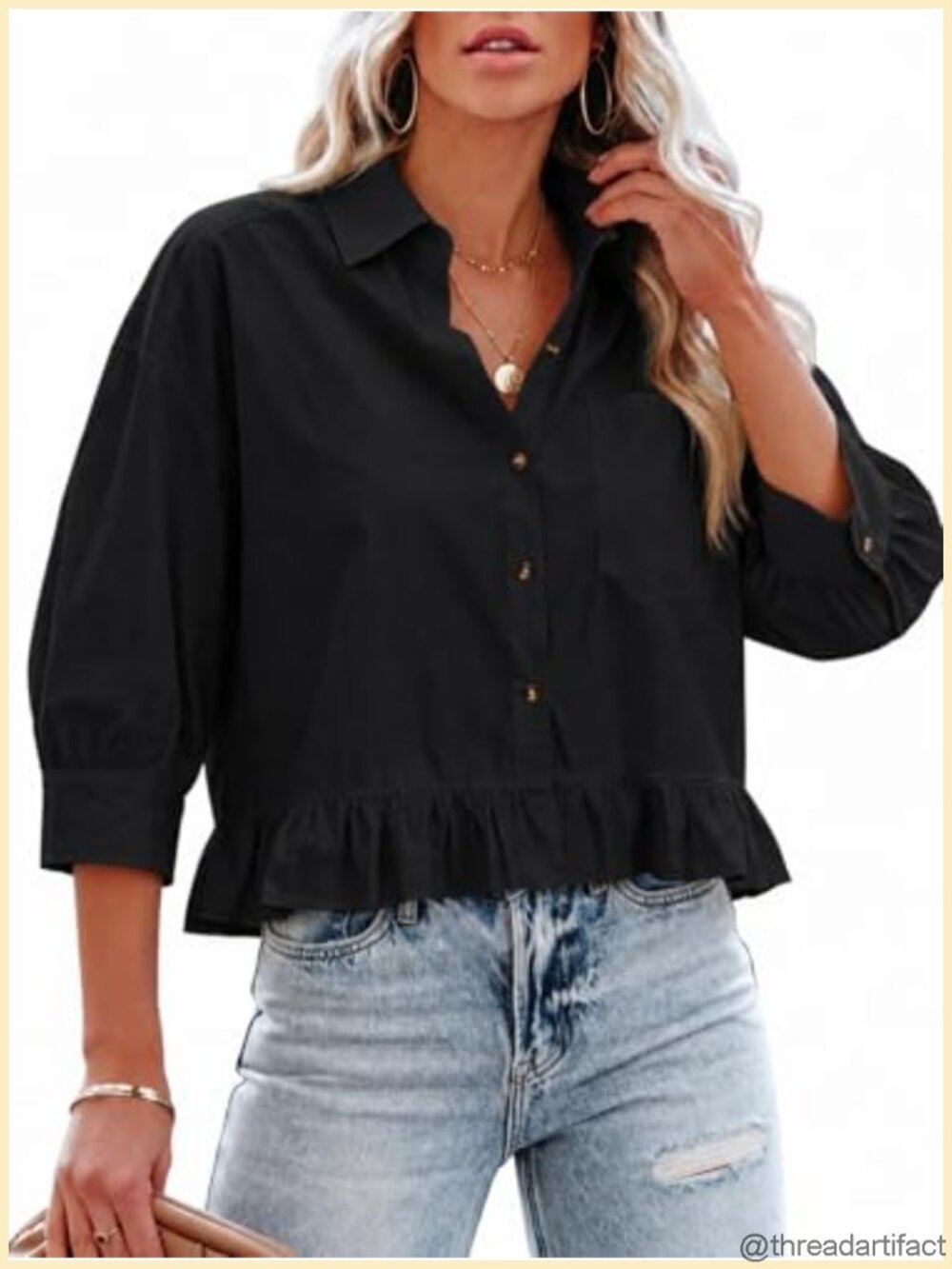 Cropped Button Down Shirt 3/4 Sleeve Ruffle Hem Cotton Loose Fit